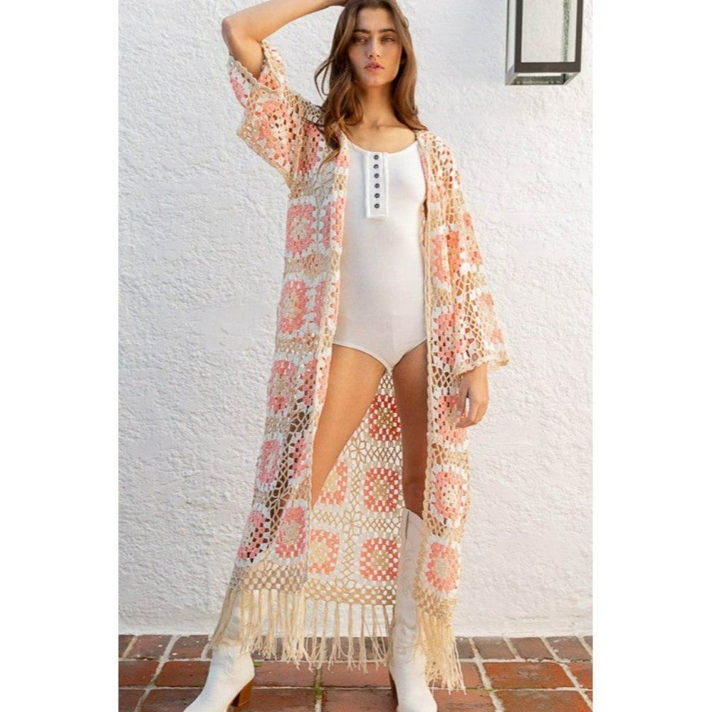 POL Kauai Crochet Long Tie Cardigan in Blush Beige FST317A - Picture 2 of 8